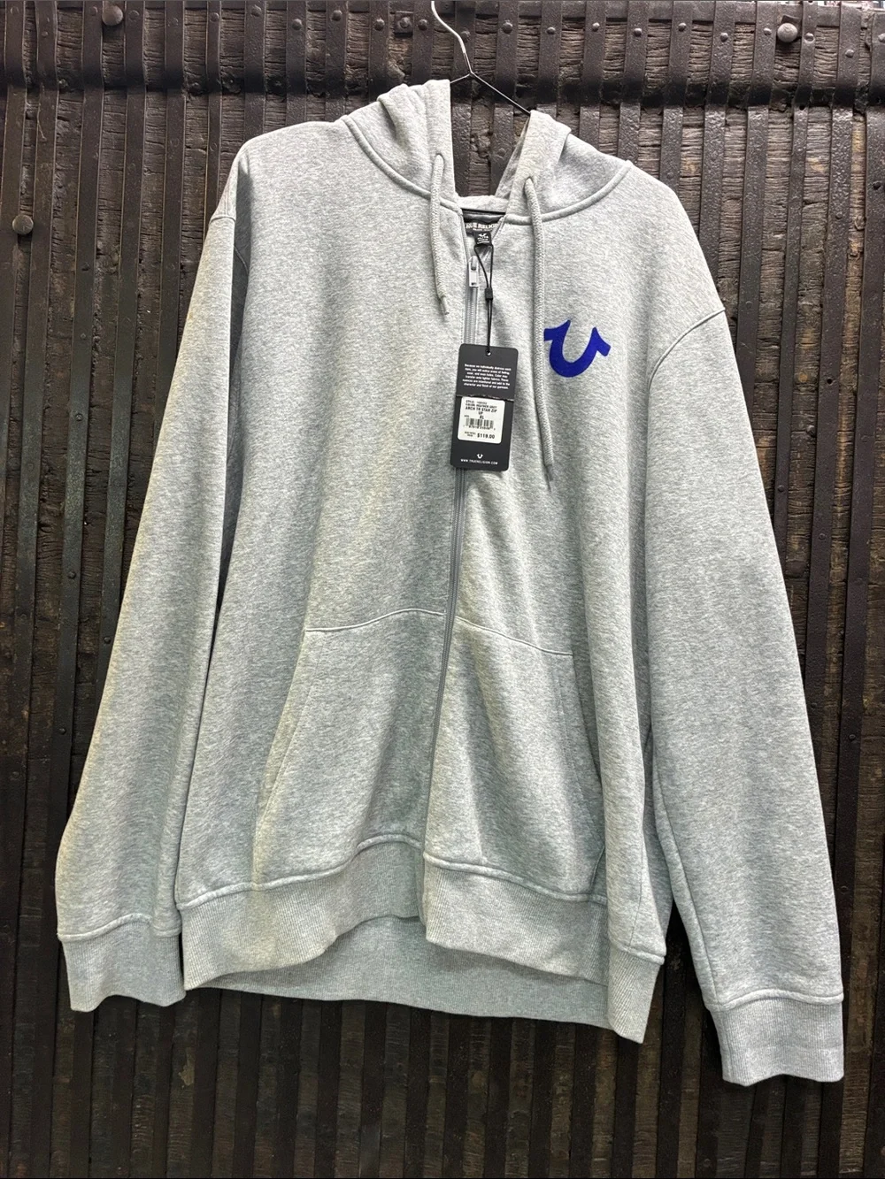 True Religion Heather Gray Full-Zip Hoodie with Blue Logo